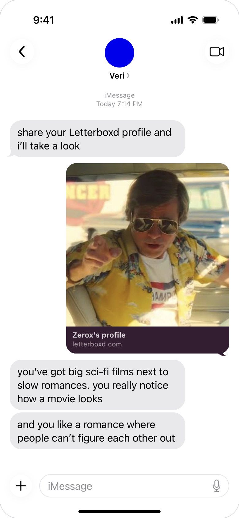 Veri asks for a Letterboxd profile. After Zerox shares it, Veri notices big sci-fi films alongside slow romances, an interest in how movies look, and romances where people cannot figure each other out.