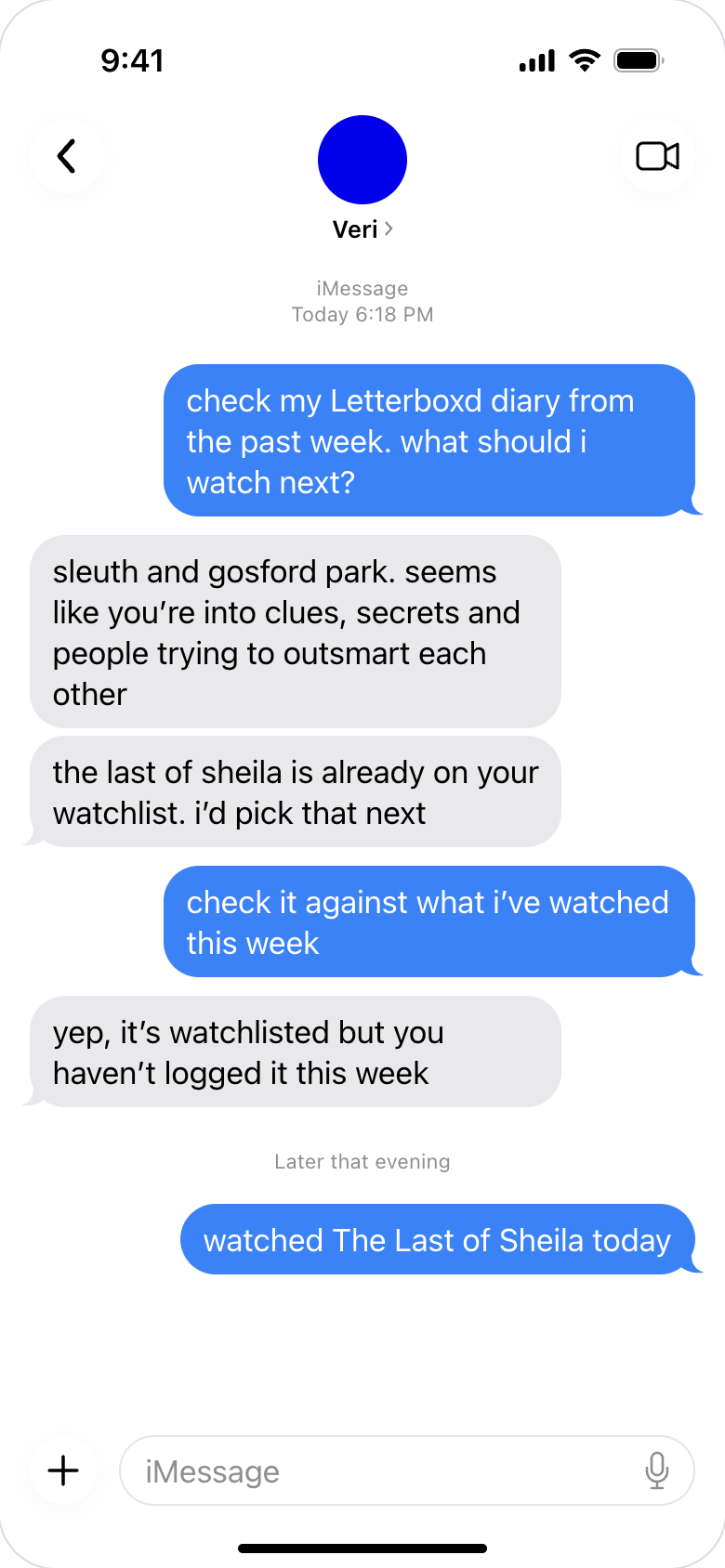 A user asks Veri to check their recent Letterboxd diary. After Sleuth and Gosford Park, Veri picks The Last of Sheila from their watchlist and confirms they have not logged it that week. Later, the user says they watched it.